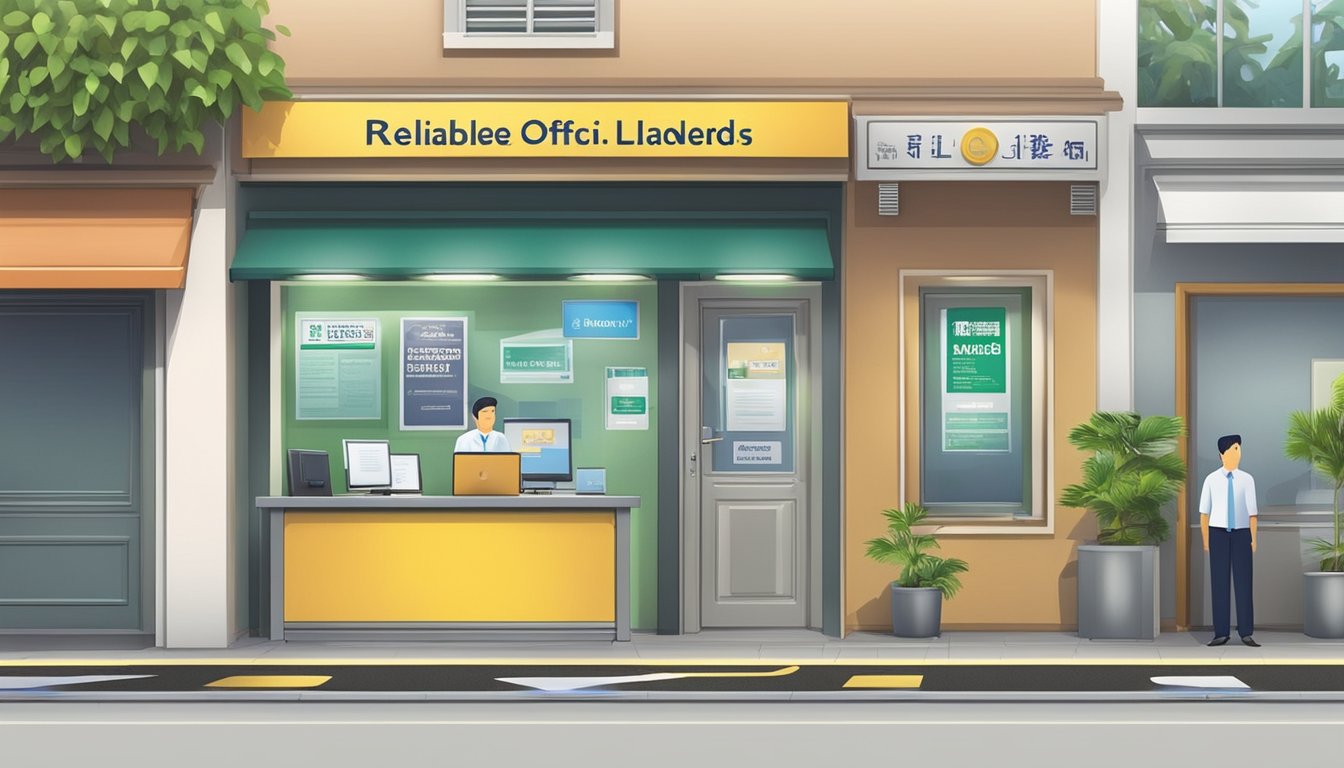 A licensed moneylender's office in Singapore, with a sign displaying "reliable moneylenders" and "secured loans" offers. Safe and trustworthy environment