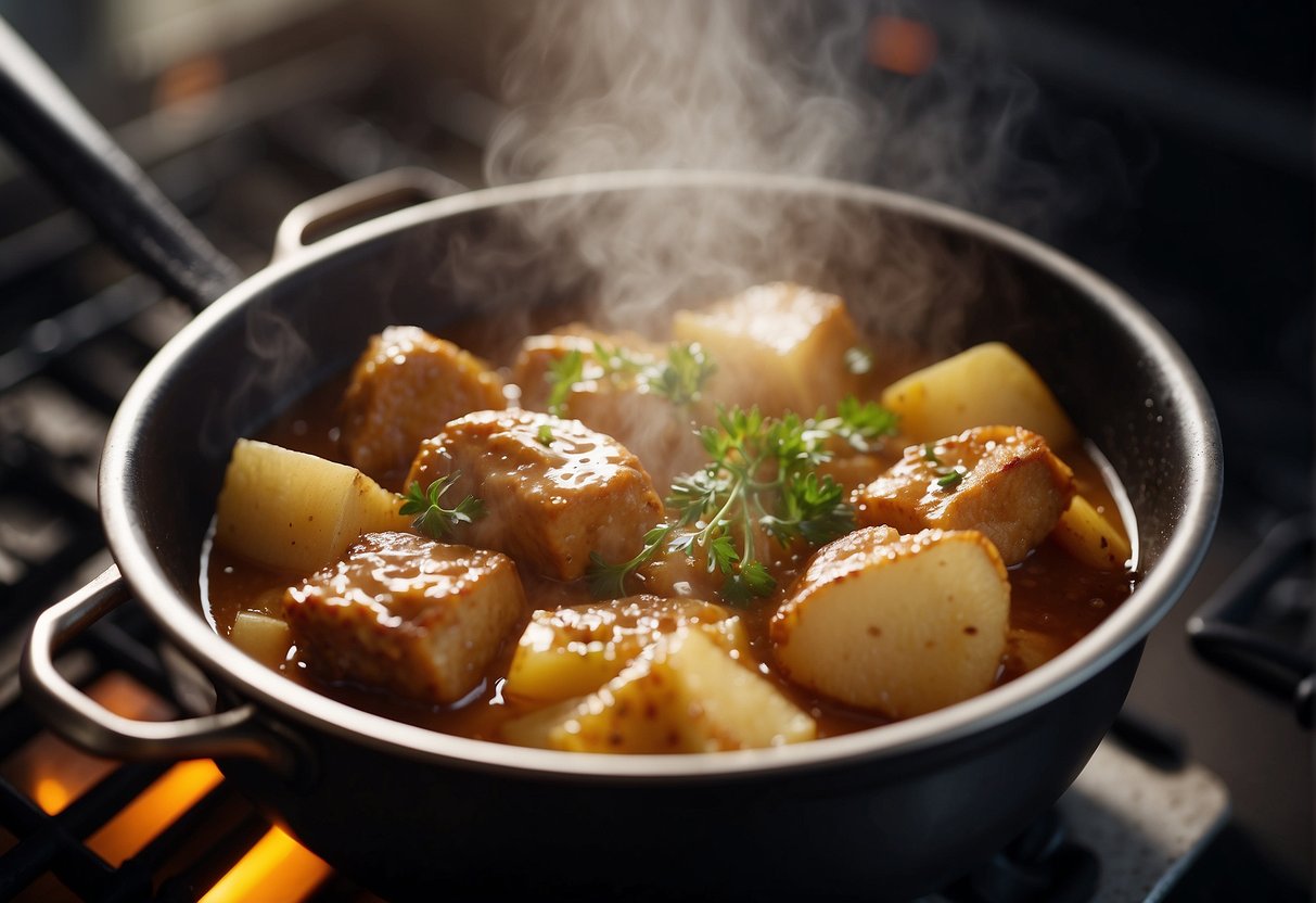 Chicken and potato chunks simmer in a fragrant Chinese stew. Steam rises from the bubbling pot as the savory aroma fills the kitchen