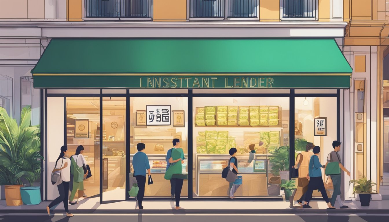 A brightly lit storefront with a bold sign reading "Instant Money Lender" in Singapore. Customers are seen entering and leaving, indicating a steady flow of business. The atmosphere is professional and efficient