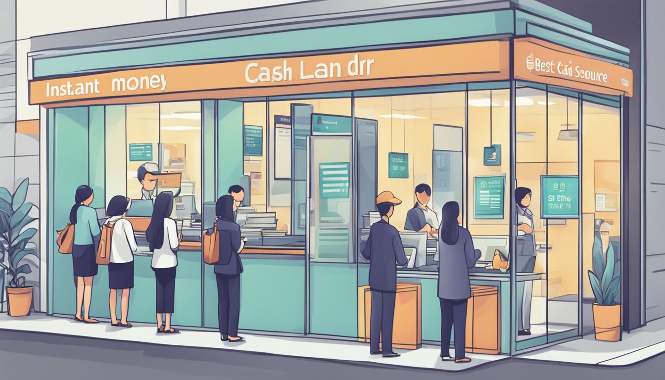A busy office with a sign reading "Instant Money Lender: Best Cash Loan Source in Singapore." People queueing at the counter, staff assisting customers