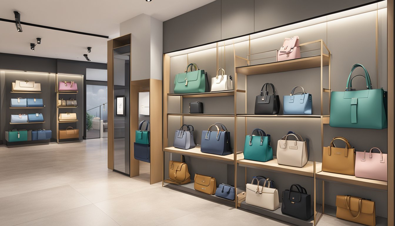Branded bags displayed in a modern Singaporean boutique, with signage promoting additional services and considerations for customers