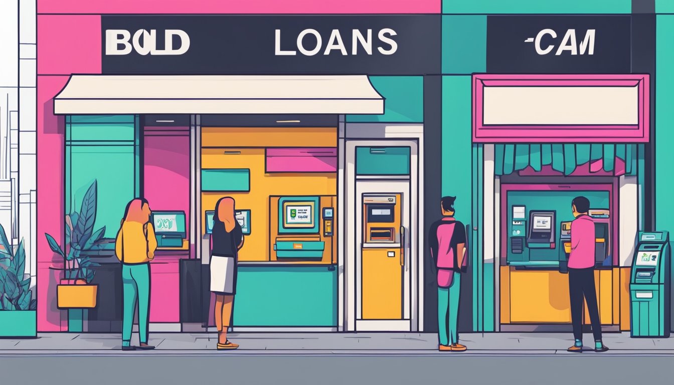 A vibrant, modern storefront with bold signage and an ATM. A line of customers eagerly waiting for quick cash loans