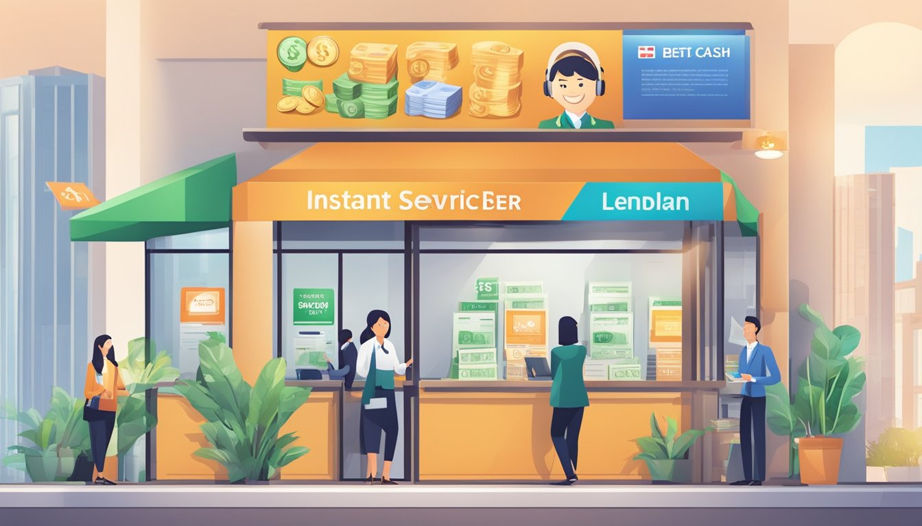 A brightly lit customer service office with a large "Instant Money Lender" sign, friendly staff assisting clients, and a prominent "Best Cash Loan Source in Singapore" banner