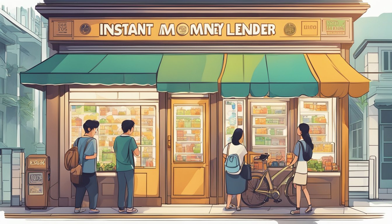 A brightly lit storefront with a bold sign reading "Instant Money Lender" in Singapore. A line of customers waits outside, indicating popularity