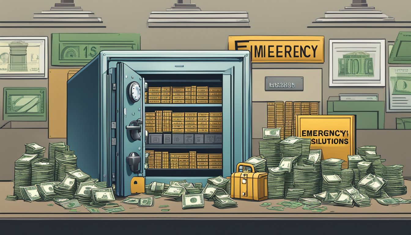 A secure vault with a sign reading "Emergency and Instant Cash Solutions" in bold letters. Surrounding the vault are stacks of money and various valuable items, symbolizing the reliability of the money lenders