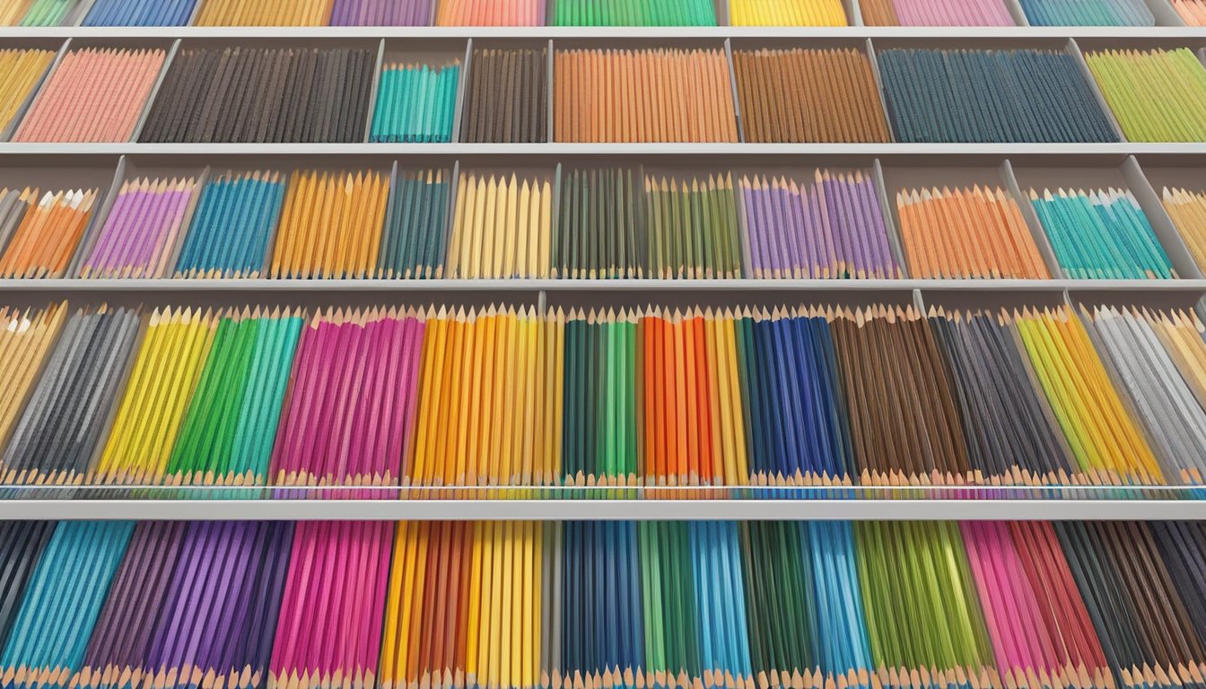A shelf stocked with 16 brand pencil liners, neatly arranged by color, in a well-lit store