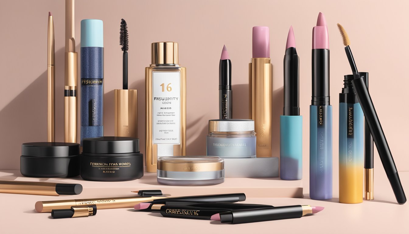 A brand pencil liner with "Frequently Asked Questions 16" printed on the packaging, surrounded by other makeup products on a vanity table