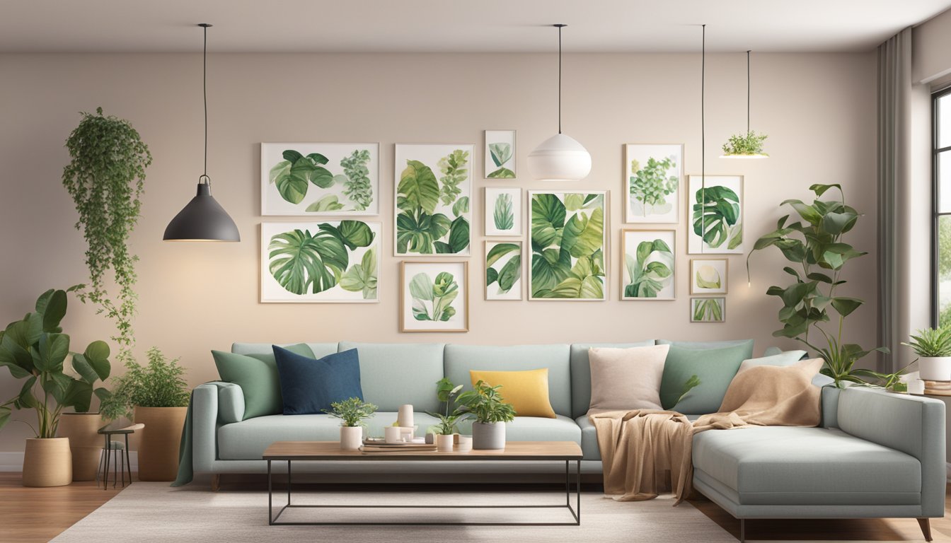 A living room wall adorned with frames, plants, and lights all hung with 3M Command brand damage-free hanging strips
