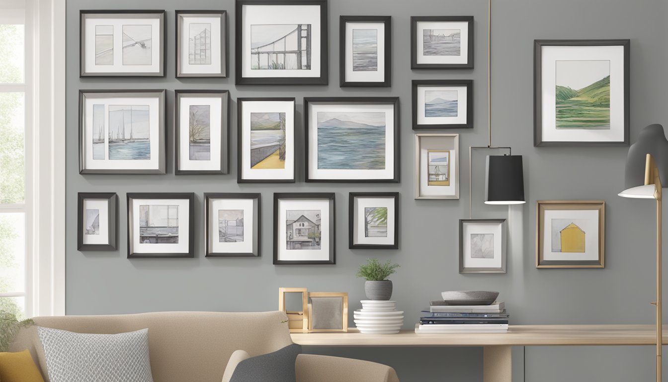 A wall with neatly hung frames using 3M Command brand hanging strips. No damage or residue visible