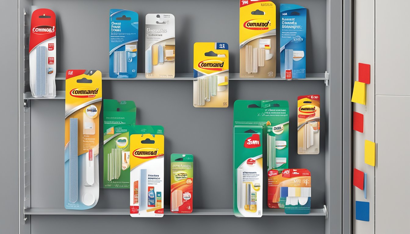 A variety of 3M Command brand damage-free hanging strips in different sizes and specifications arranged neatly on a display shelf