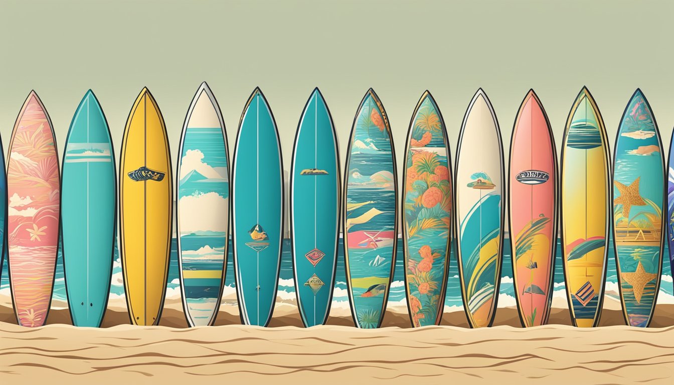 Colorful surfboards lined up on a sandy beach, with vintage logos of iconic 80s surf brands displayed prominently. Waves crashing in the background