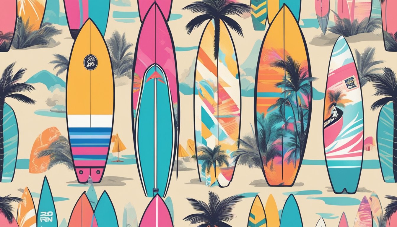 Colorful surfboards line the sandy beach, adorned with bold logos of iconic 80s surf brands. Palm trees sway in the background as surfers catch waves in vibrant neoprene wetsuits