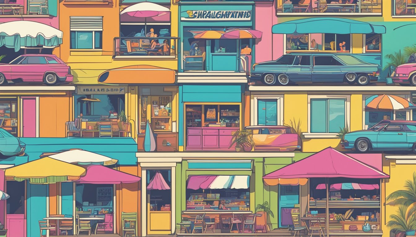 Colorful 80s surf brand logos displayed in bustling beachfront shops, attracting crowds of young beachgoers and tourists