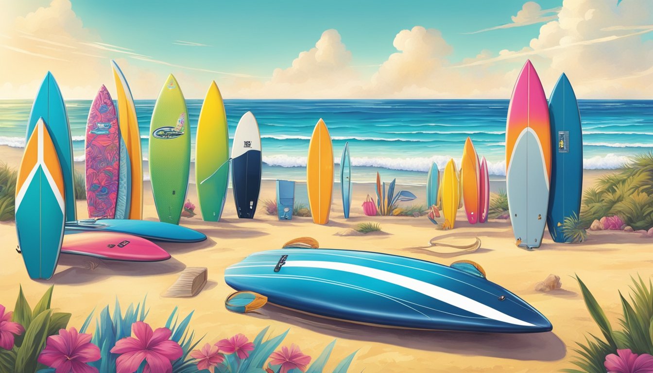 Colorful surfboards and wetsuits line the beach, alongside high-tech gadgets and gear from 80s surf brands. The sun glistens off the shiny new equipment, creating a vibrant and exciting scene