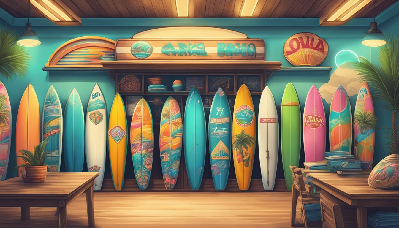 Colorful surfboards and retro logos fill a beachside shop, with neon signs and palm trees in the background