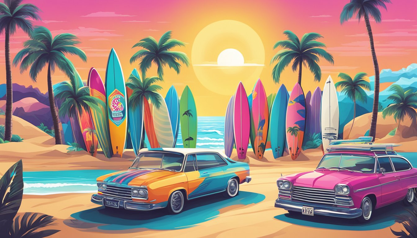 Colorful 80s surf brand logos cover a vibrant beach scene with palm trees, waves, and surfboards. A vintage surf shop sign stands out against the sunny sky