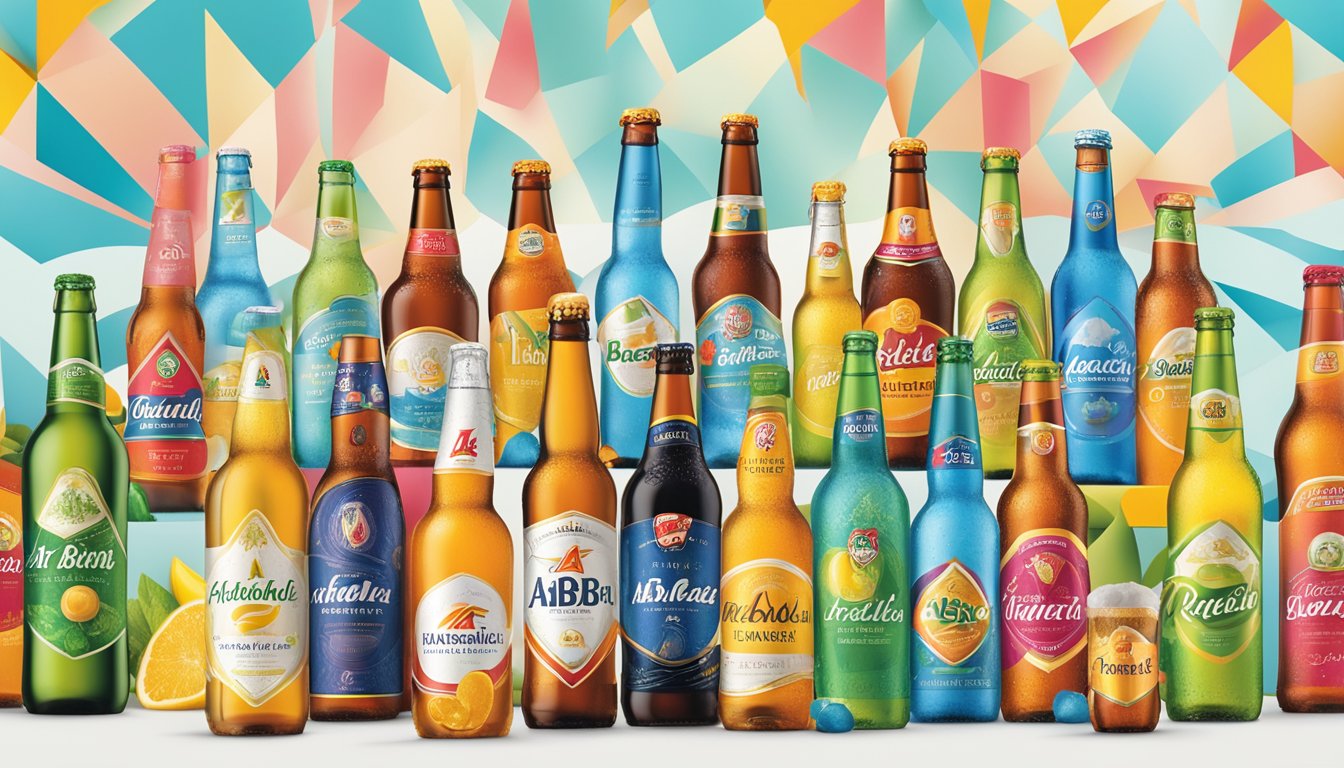 A display of AB InBev's non-alcoholic brands, arranged in a colorful and inviting manner, with vibrant packaging and clear branding