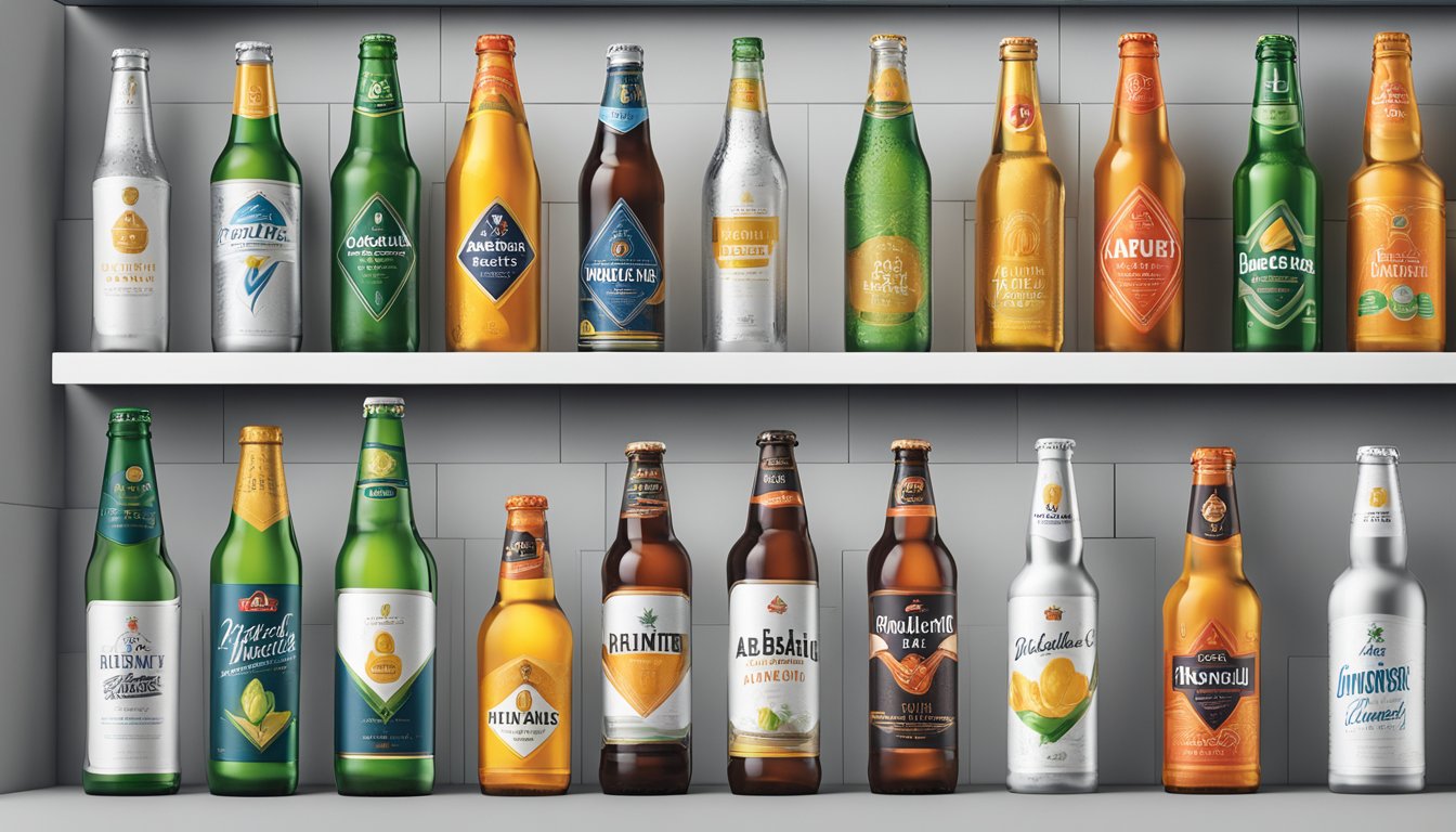 A lineup of AB InBev's non-alcoholic brands displayed on a sleek, modern shelf with bold branding and vibrant packaging