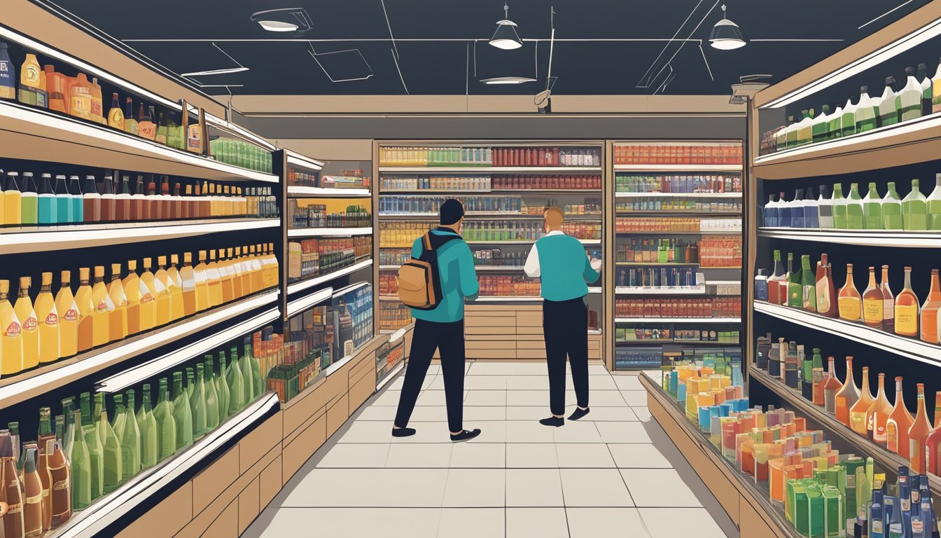Shelves stocked with non-alcoholic beverages, customers browsing, and a global map showing market expansion trends for AB InBev brands
