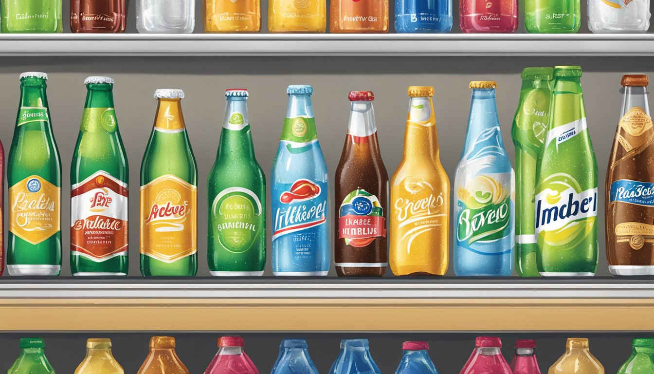 A diverse array of non-alcoholic beverages, from sparkling waters to craft sodas, are displayed on shelves, showcasing the challenges and opportunities in the non-alcoholic sector for AB InBev