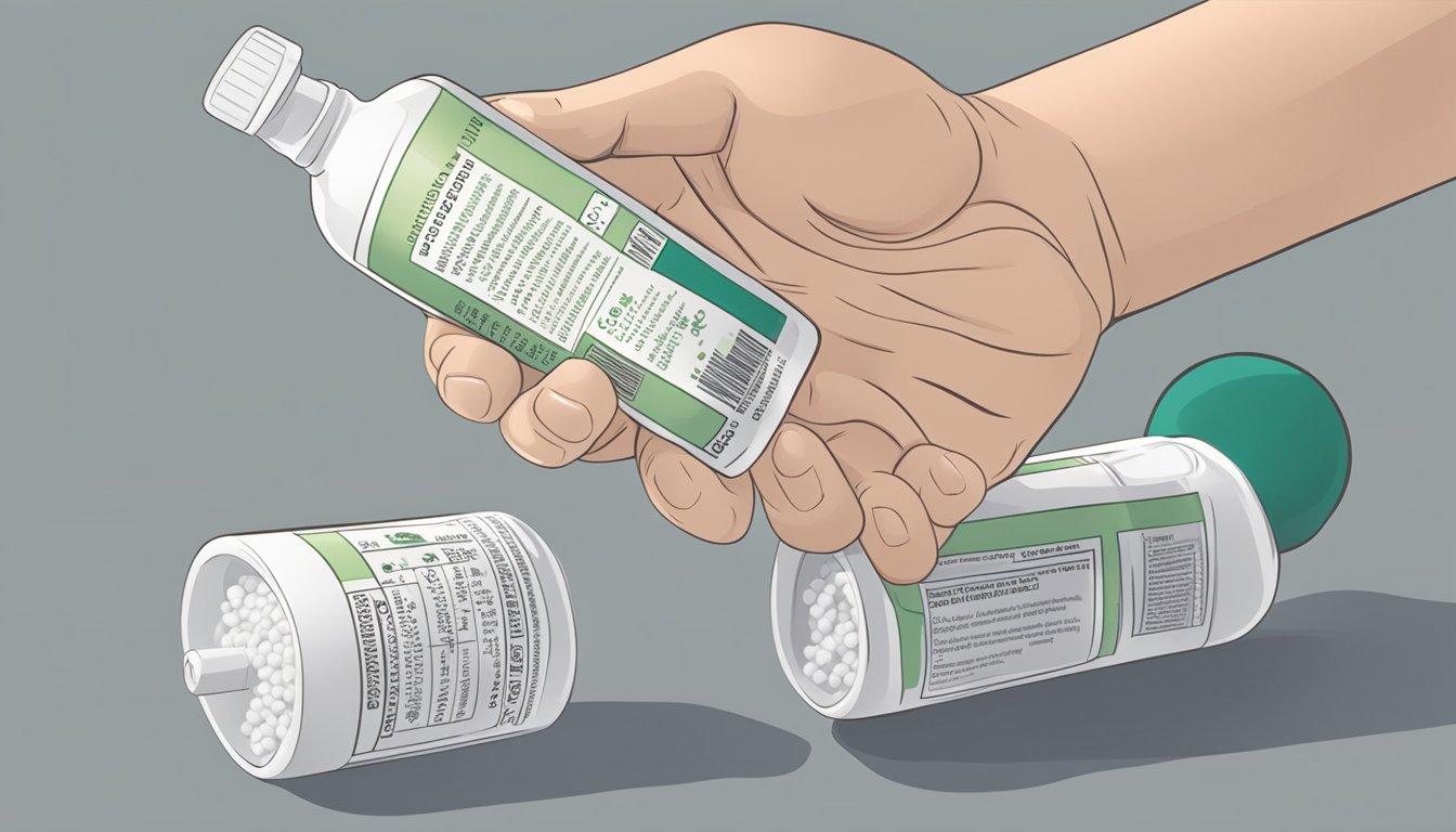 A hand holding a bottle of ademetionine, with dosage instructions and administration details written on the label