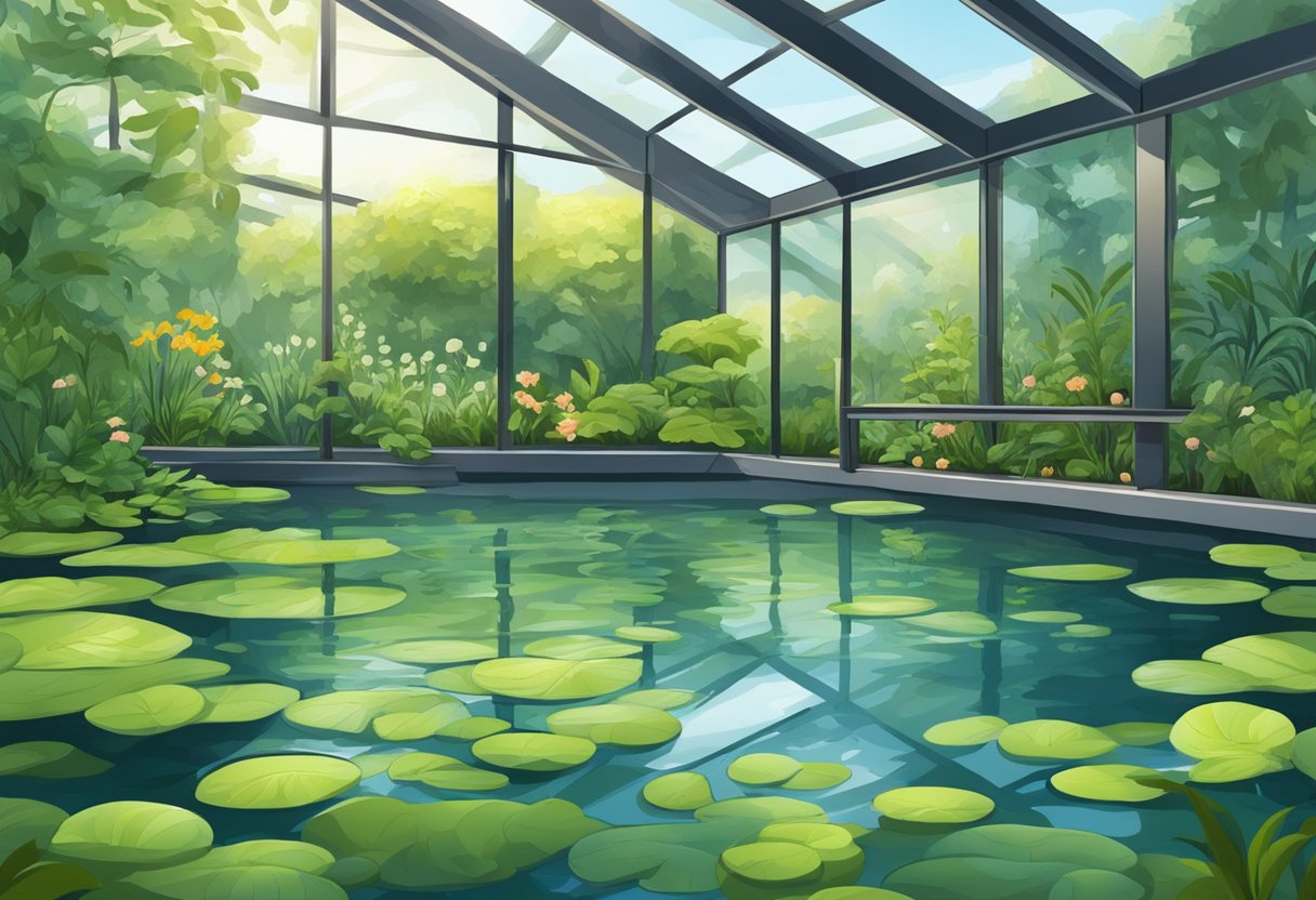 The garden is flooded with water, submerging the plants and creating a reflective surface