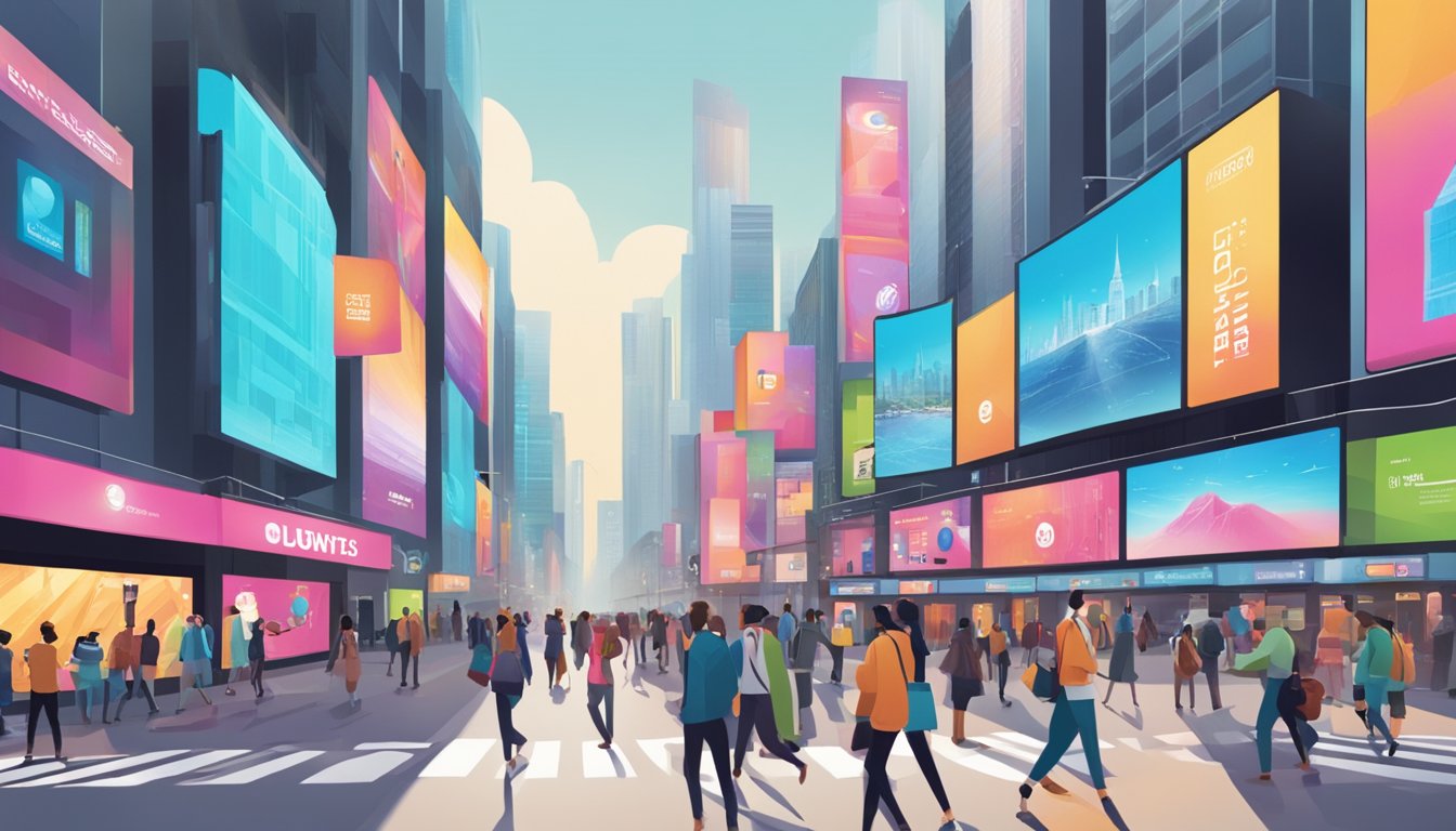 A bustling city street with vibrant billboards and digital screens promoting various brands. Pedestrians interact with interactive displays and kiosks