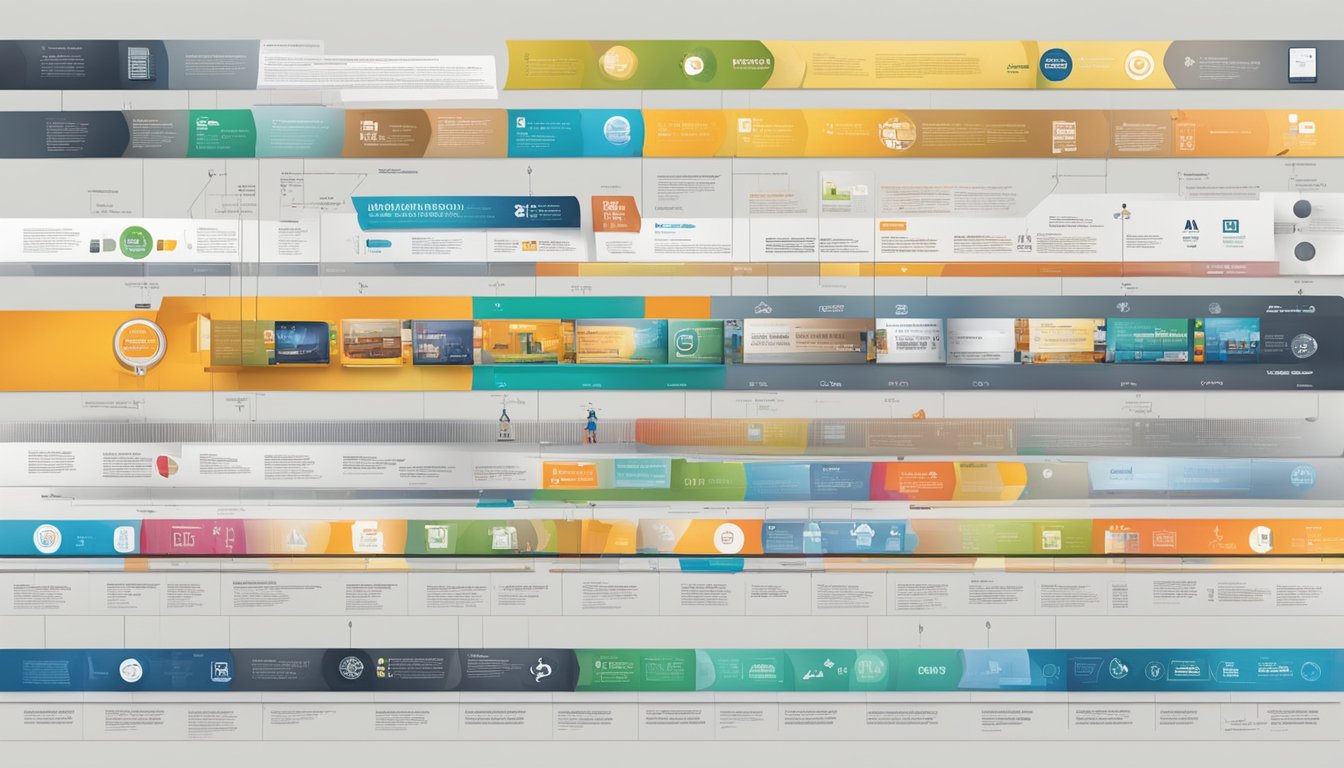 A timeline of advertising mediums, from print to digital, with brand logos and slogans integrated throughout