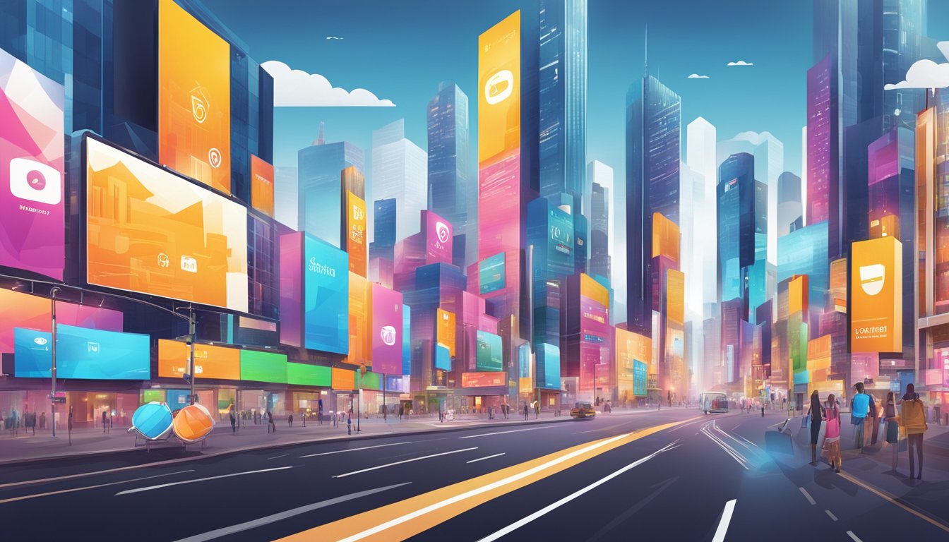 A vibrant cityscape with billboards, digital screens, and social media icons, showcasing the integration of advertising and brand promotion in modern urban environments