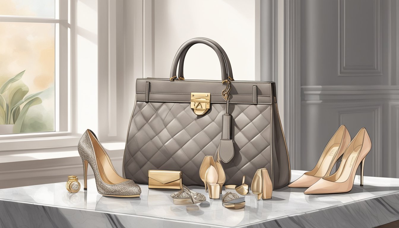 A luxurious handbag sits on a marble countertop, surrounded by designer shoes and accessories. The room is filled with soft, ambient lighting, creating an atmosphere of sophistication and elegance