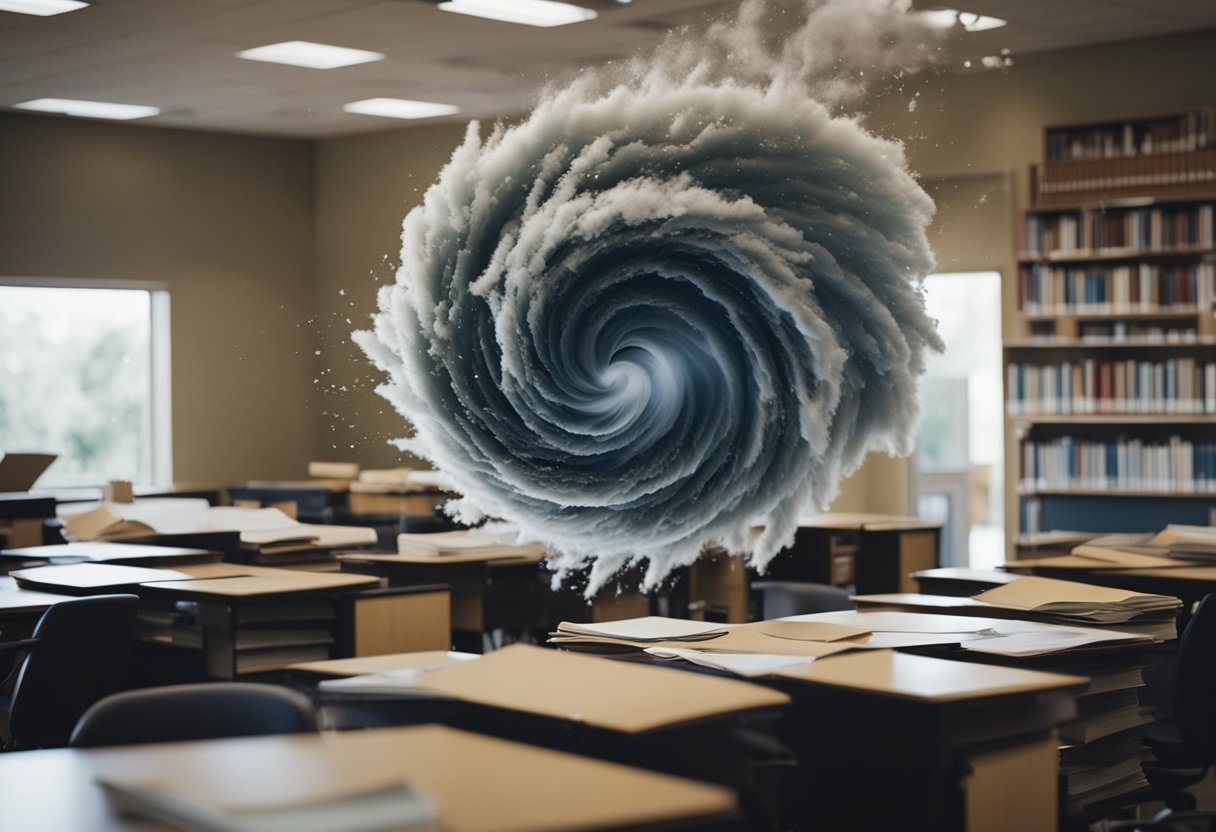 A tornado swirls through a university campus, books and papers flying in the air. Students and professors struggle to maintain their balance in the chaos