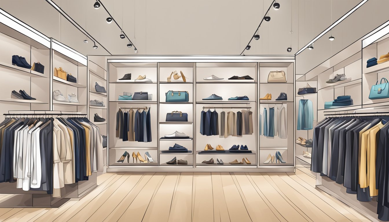 A display of trendy affordable luxury fashion items on a sleek, modern store shelf