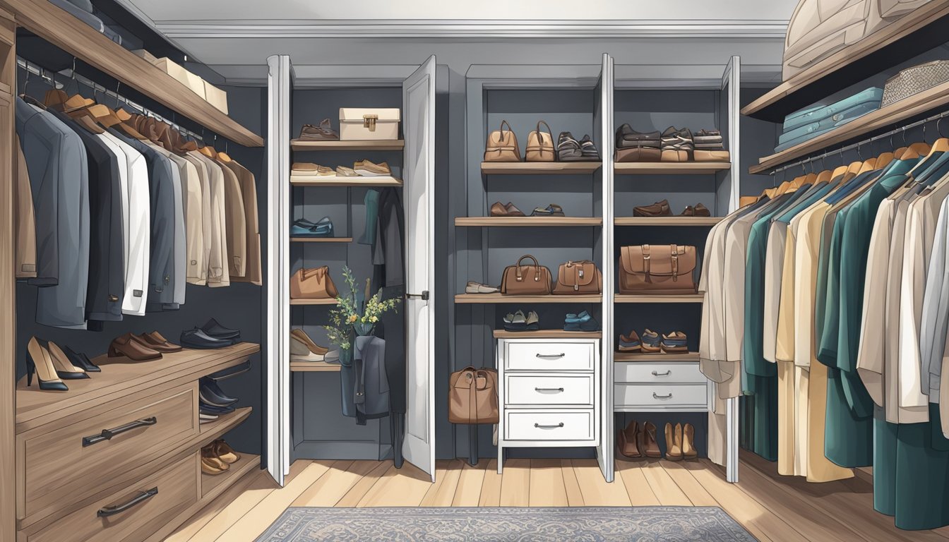 A closet filled with high-quality, yet affordable luxury clothing and accessories, neatly organized and displayed