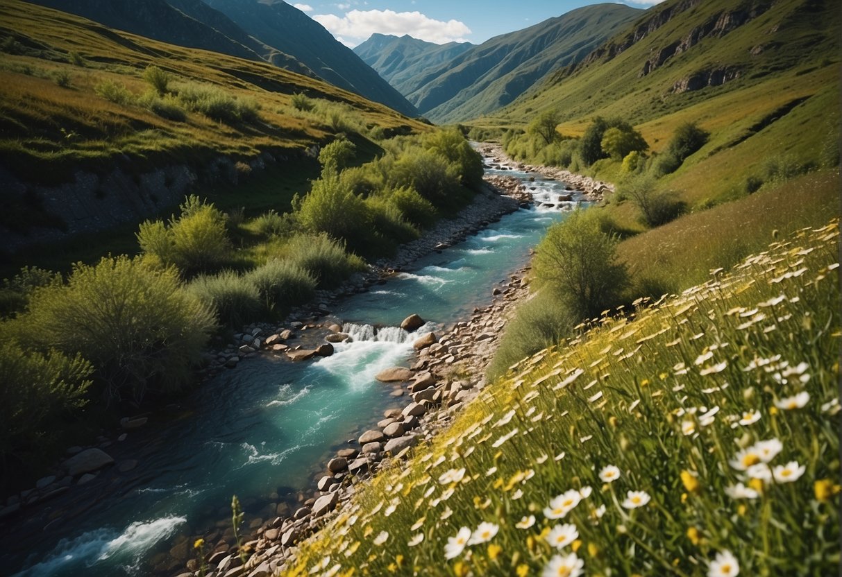 Lush green mountains, blooming wildflowers, and a winding river cutting through a picturesque valley. Bright blue skies and warm sunshine create the perfect backdrop for outdoor adventures