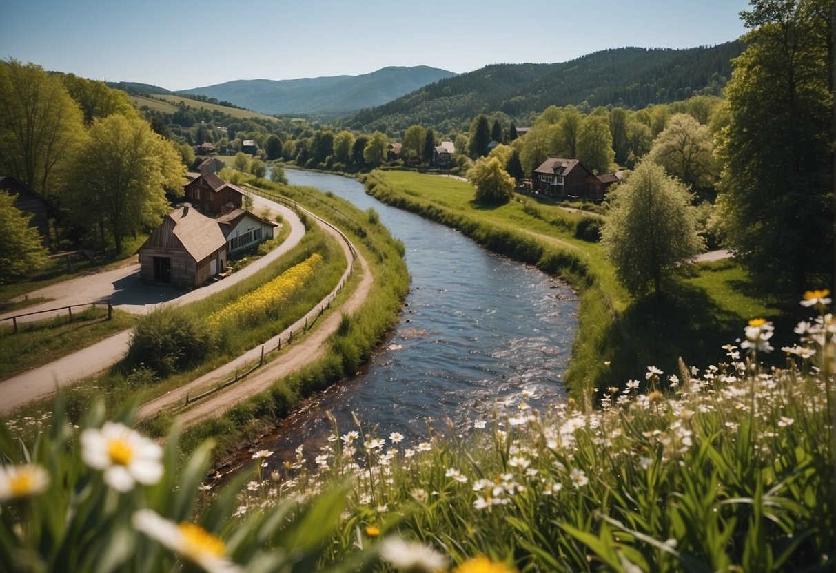 A sunny spring landscape with blooming flowers, lush greenery, and a winding river. A small town nestled in the background, with people enjoying outdoor activities