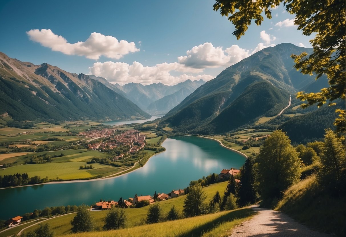 A serene European landscape with picturesque mountains, charming villages, and tranquil lakes, showcasing the safety and beauty of the region for travelers