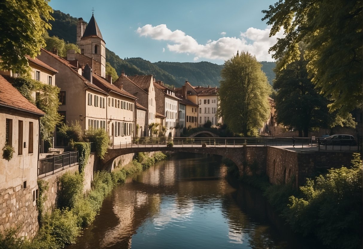 A peaceful European town with a tranquil river, lush greenery, and historic architecture, showcasing safety and tranquility for travelers