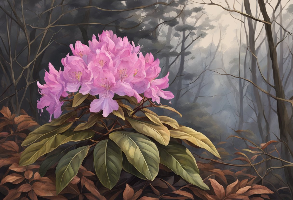 A wilting rhododendron, its once vibrant pink petals now drooping and browning, surrounded by withered leaves and a desolate backdrop