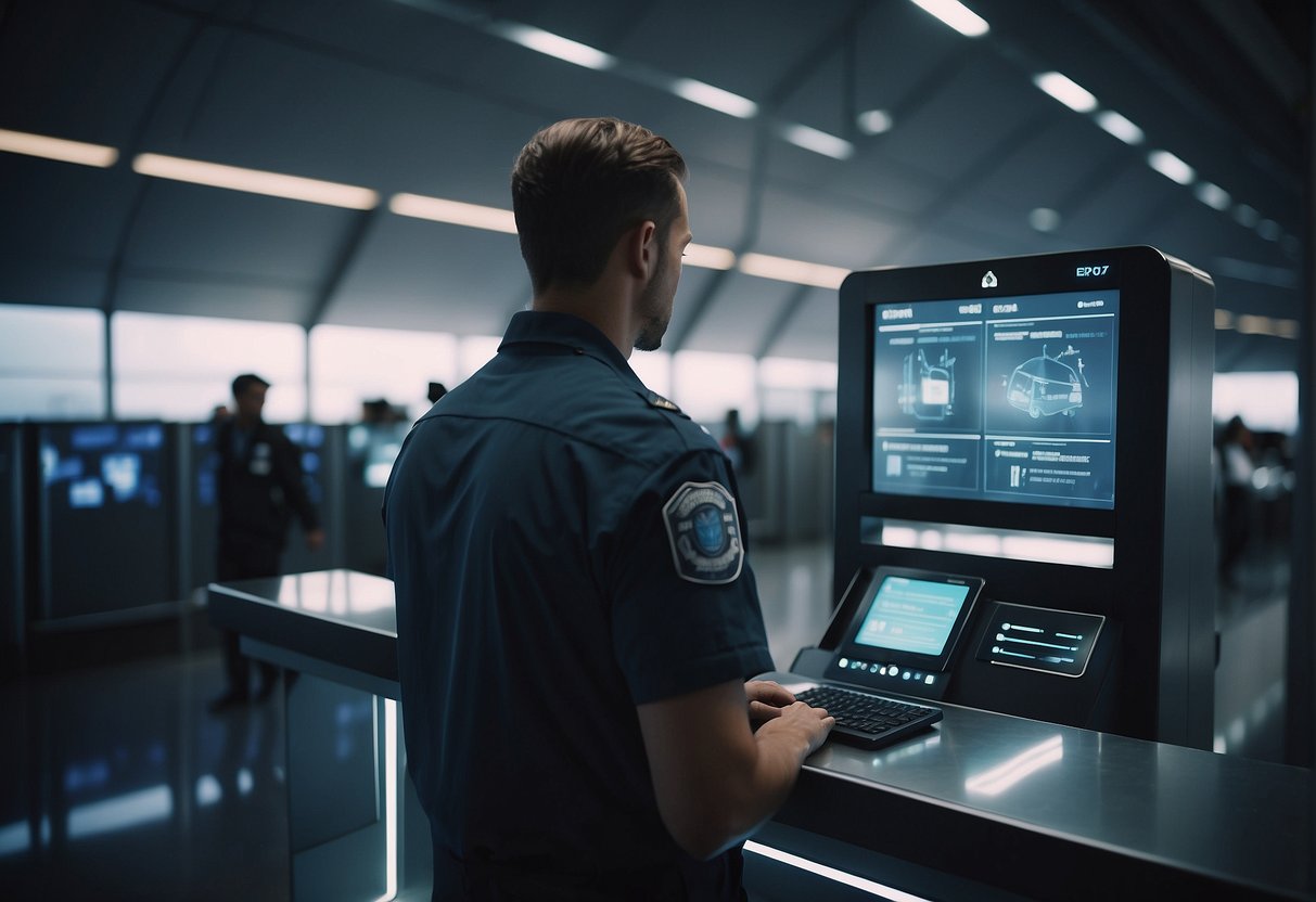 A traveler scans their digital passport at a high-tech security checkpoint before boarding a futuristic transport vehicle. The vehicle features advanced safety features and is surrounded by a network of surveillance drones