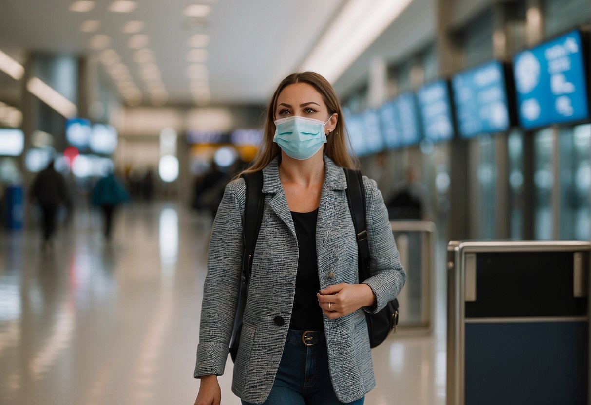 A traveler wearing a face mask and carrying hand sanitizer walks through an airport with social distancing markers on the floor. Signs remind them to wash hands and wear a mask