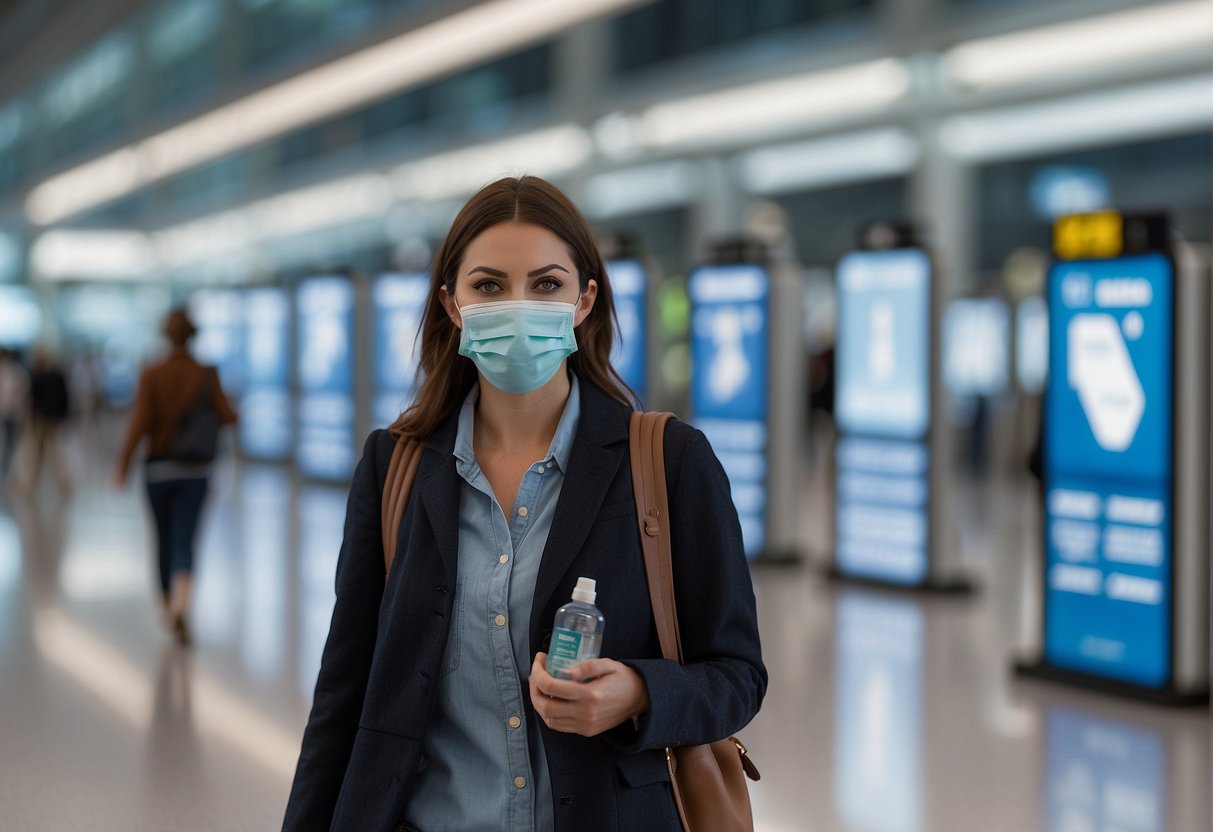 A traveler wearing a face mask and carrying a sanitizing kit walks confidently through a clean and spacious airport, following directional signs and maintaining a safe distance from others