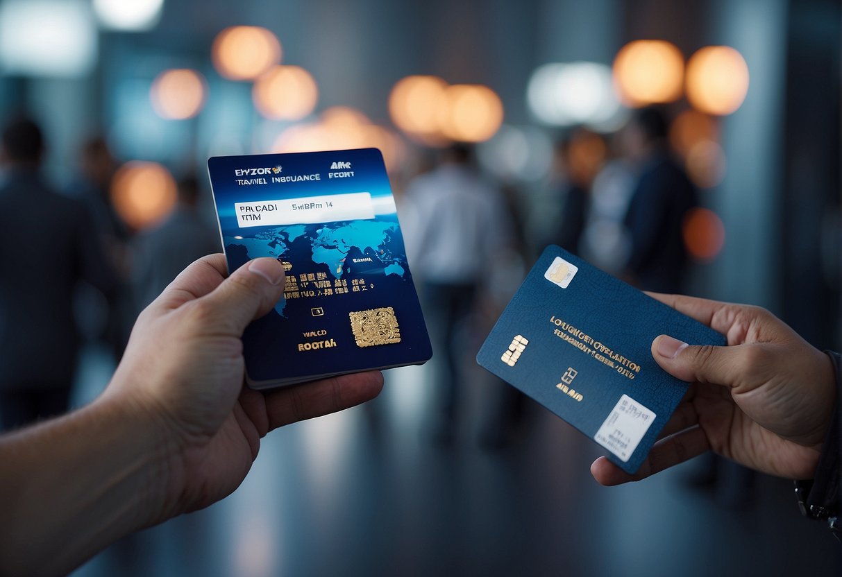 A traveler holding a passport and travel insurance documents while receiving emergency assistance from a service provider in a futuristic, high-tech setting