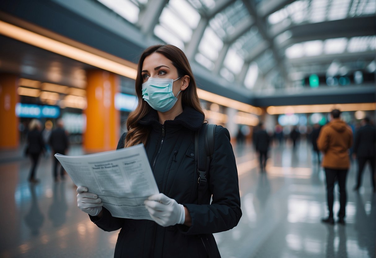 A traveler wearing a mask and gloves checks a list of safety guidelines while standing in front of a futuristic transportation hub