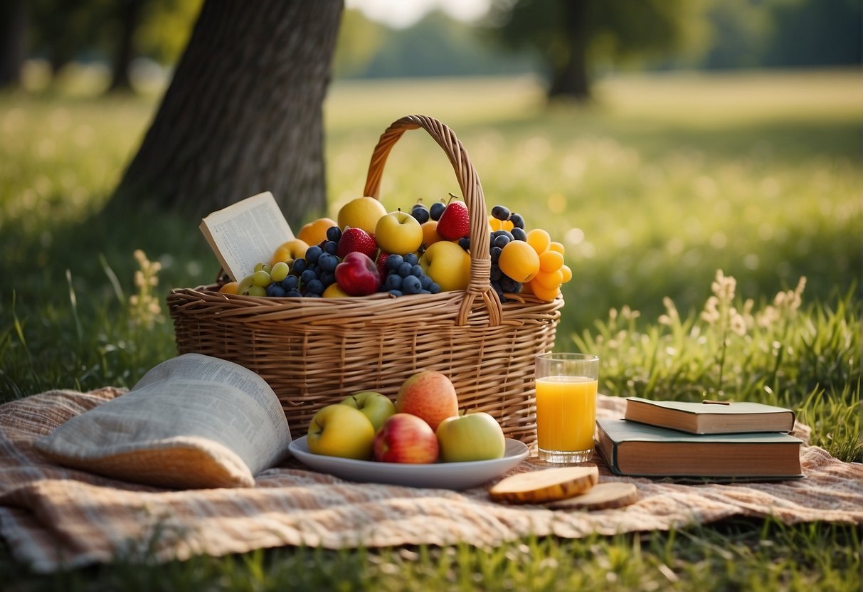 A picnic by a blooming meadow with a colorful blanket, a basket of fruits, and a book under a shady tree