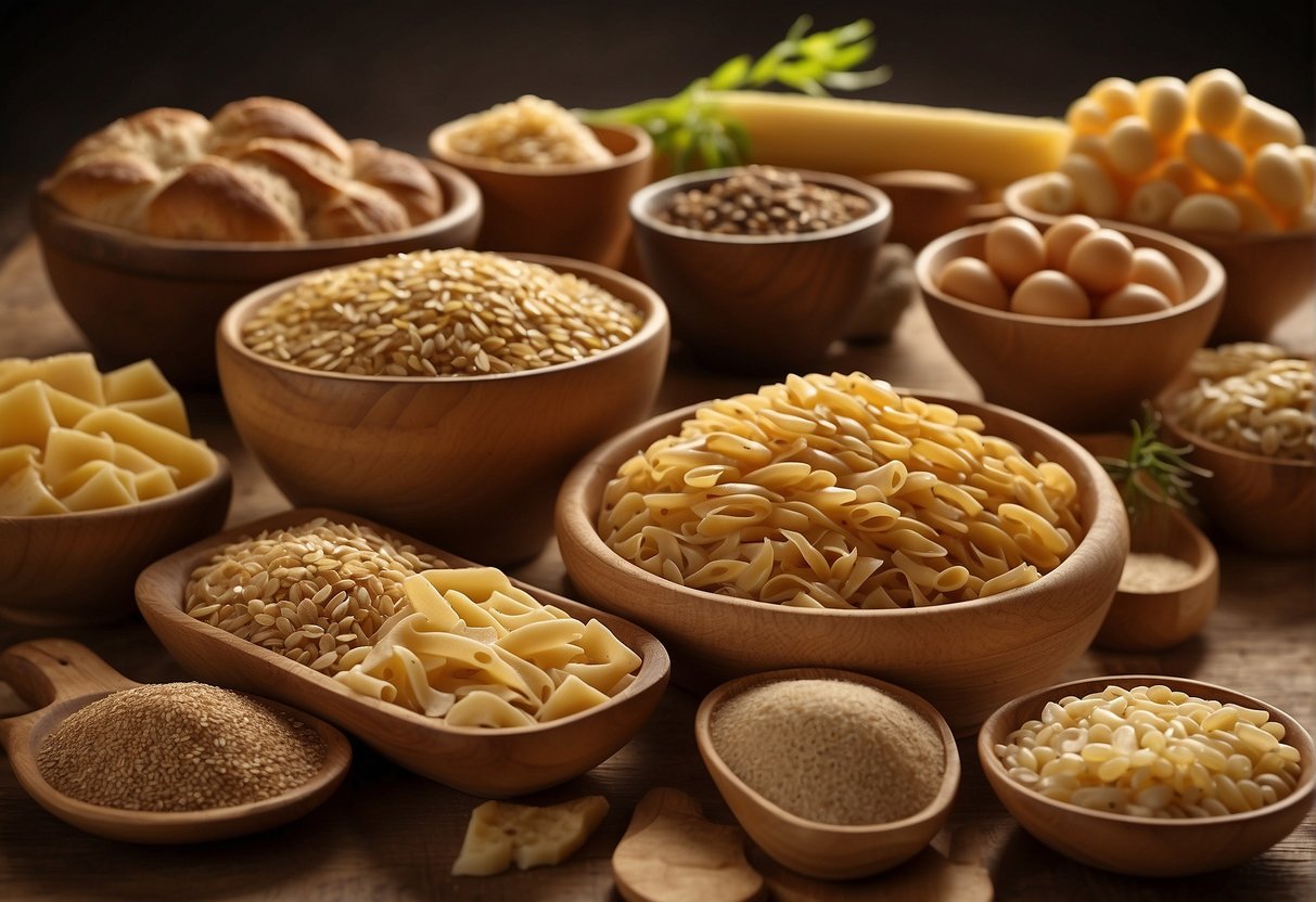 A table with various food items: bread, pasta, and grains. Some are labeled "gluten-free" while others contain gluten