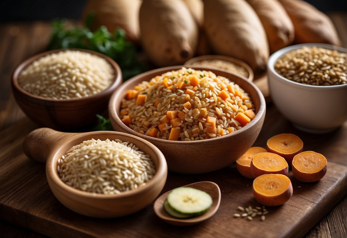 A variety of gluten-free carbs - quinoa, sweet potatoes, and brown rice - arranged on a wooden cutting board