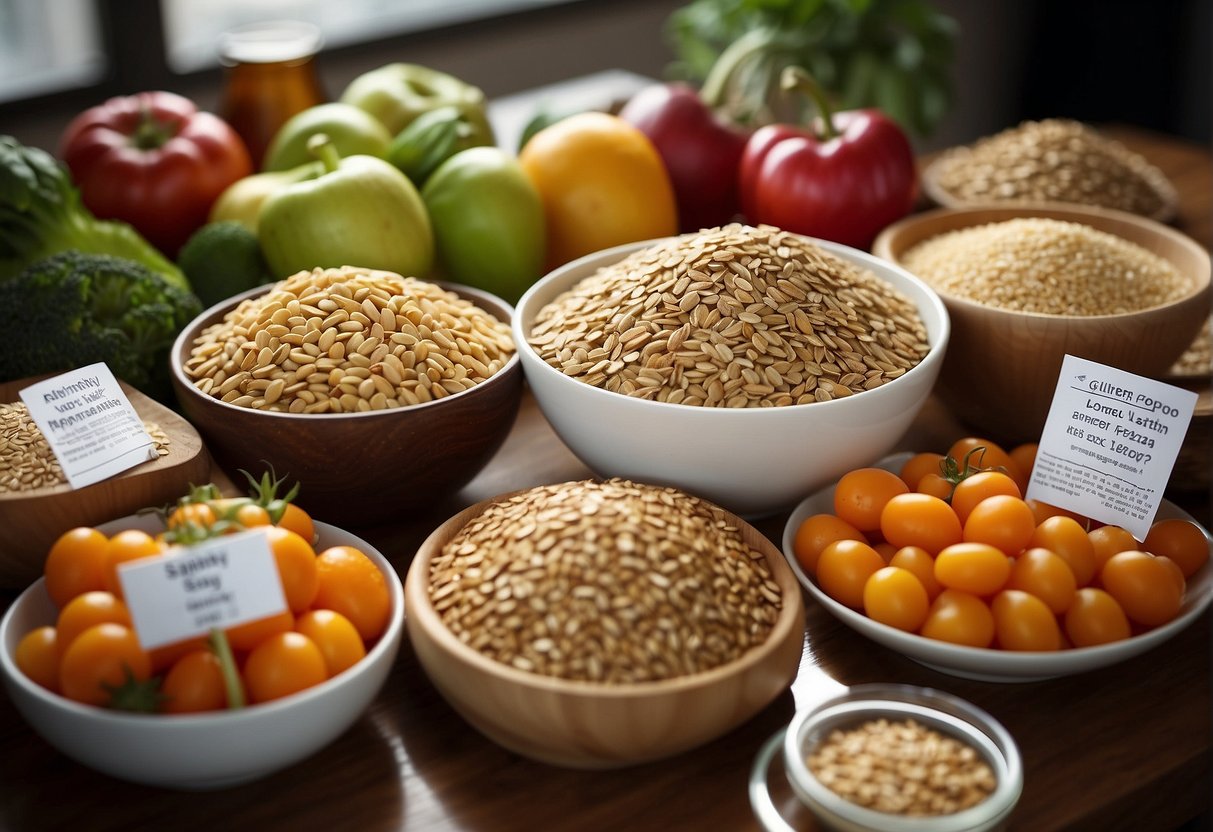 A table filled with gluten-free grains, vegetables, and fruits. A person is reading food labels and choosing healthy, gluten-free options