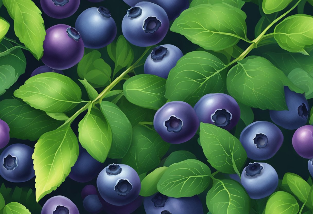 Blueberry leaves transition to deep purple, contrasting against the green foliage