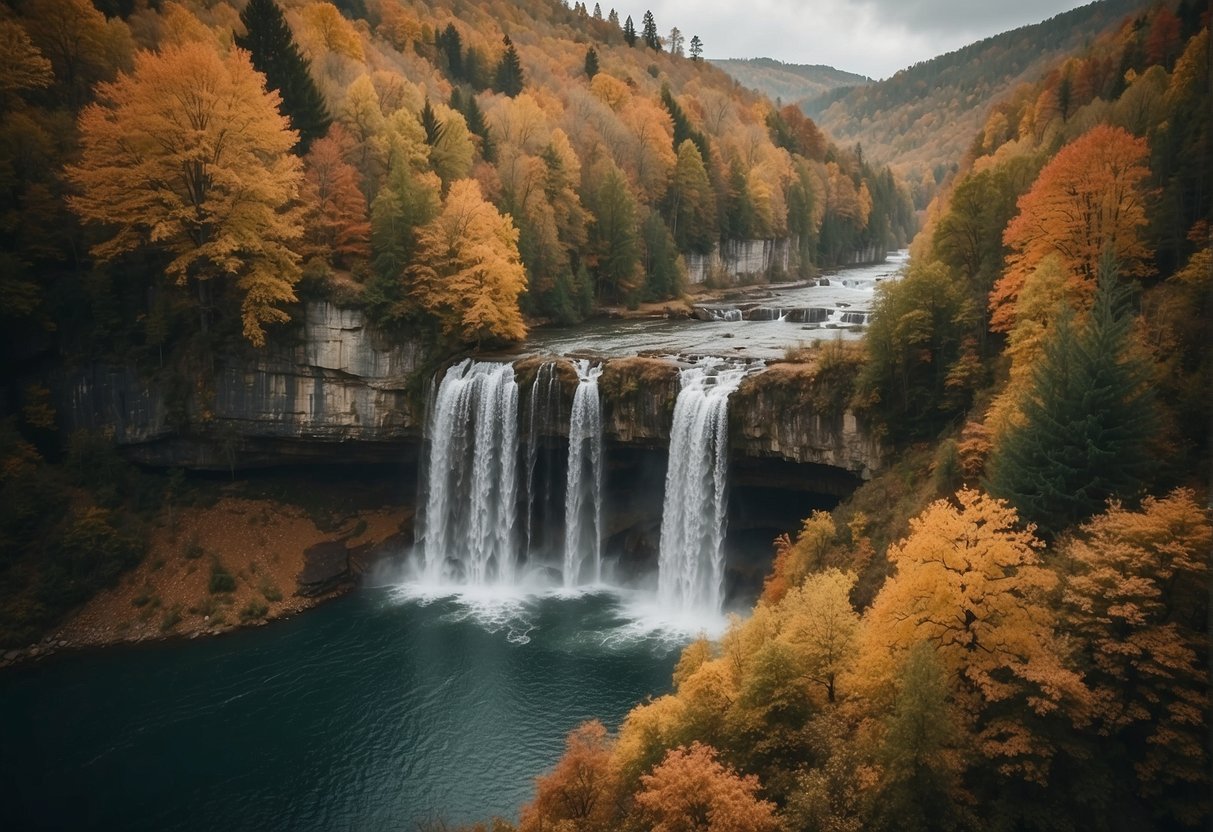 Rolling hills, ancient castles, and dense forests surround a majestic waterfall. A serene lake reflects the vibrant colors of the changing leaves