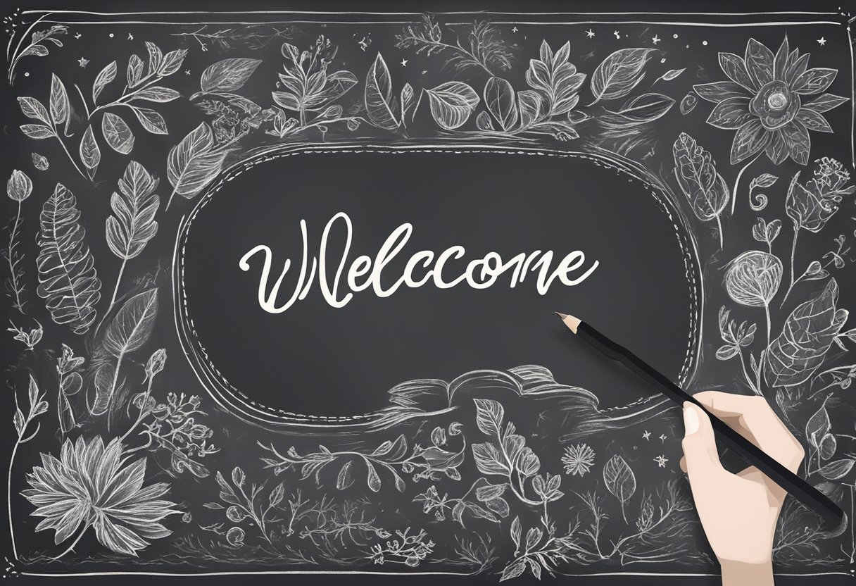 A hand writes a warm welcome message on a chalkboard with decorative elements and a friendly tone